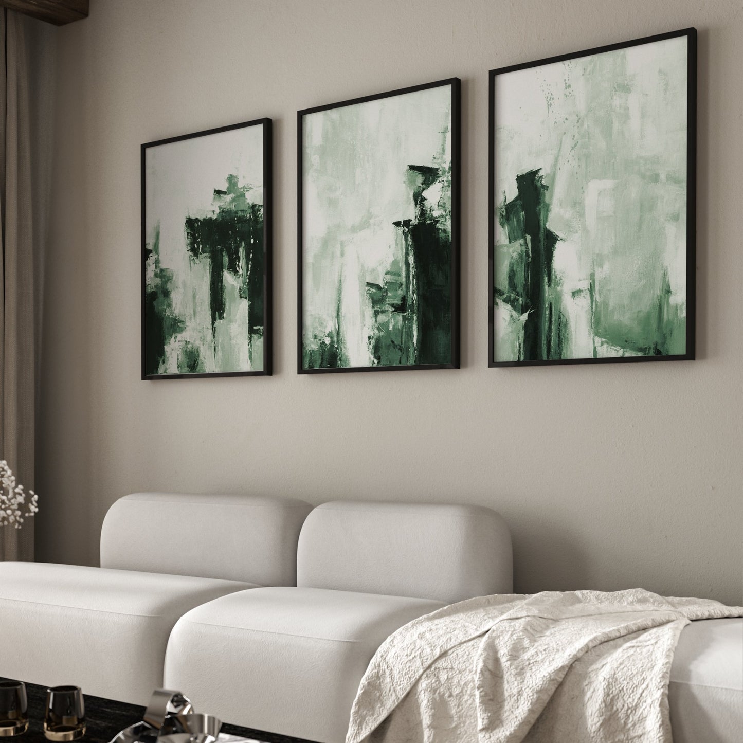 Emerald green abstract wall art prints - set of 3 