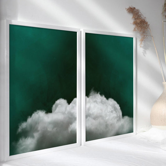 emerald green cloud wall art prints - set of 2