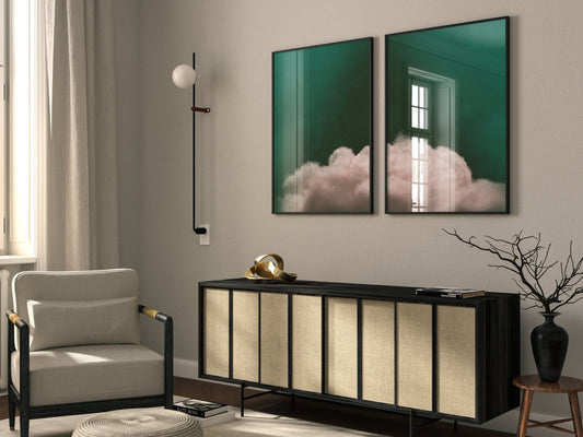 emerald green and pink cloud wall art prints - set of 2