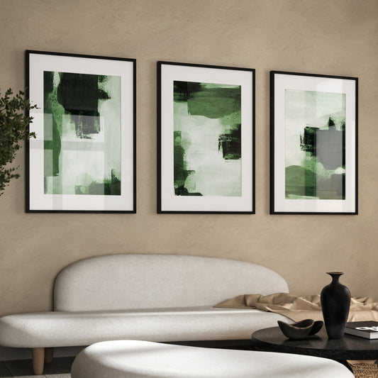 Emerald Green Brush Stroke Abstract Wall Art Prints - Set Of 3