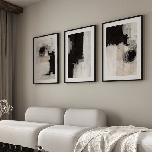 Black And Beige Brush Stroke Wall Art Prints - Set Of 3