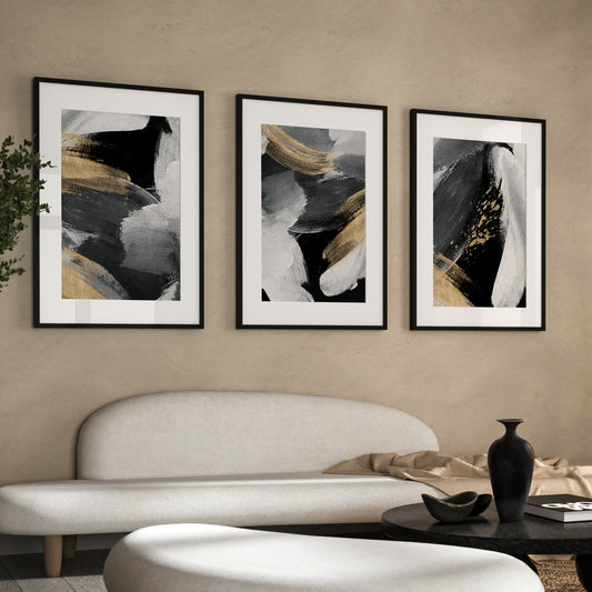 Black And Grey Brush Stroke Wall Art Prints - Set Of 3