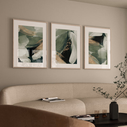 Olive And Gold Brush Stroke Wall Art Prints - Set Of 3