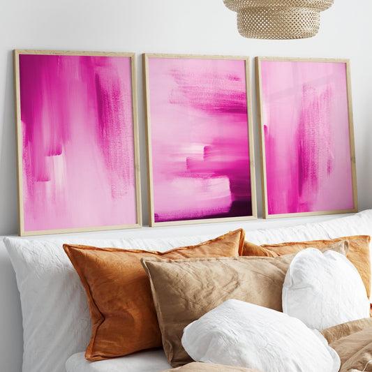 Hot Pink Brush Stroke Wall Art Prints - Set Of 3