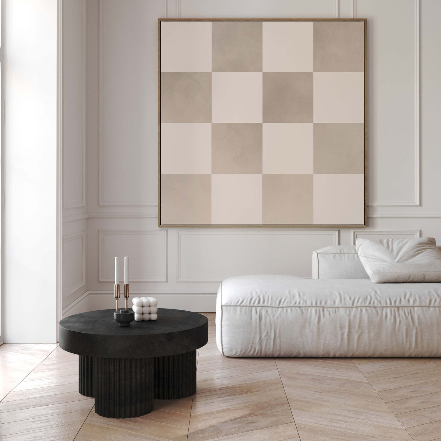 Checkered Square Framed Canvas Art - Beige - AureousHome