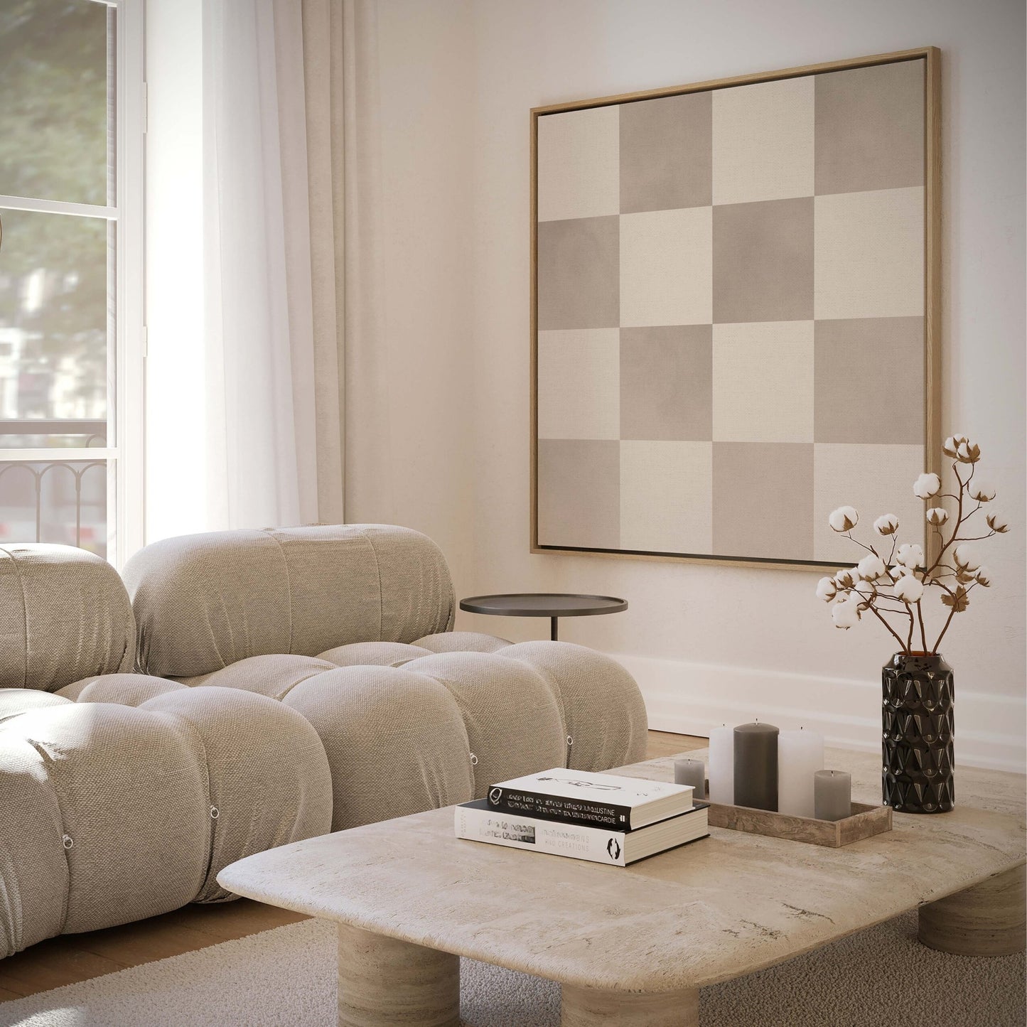 Checkered Square Framed Canvas Art - Beige - AureousHome