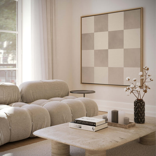 Checkered Square Framed Canvas Art - Beige - AureousHome
