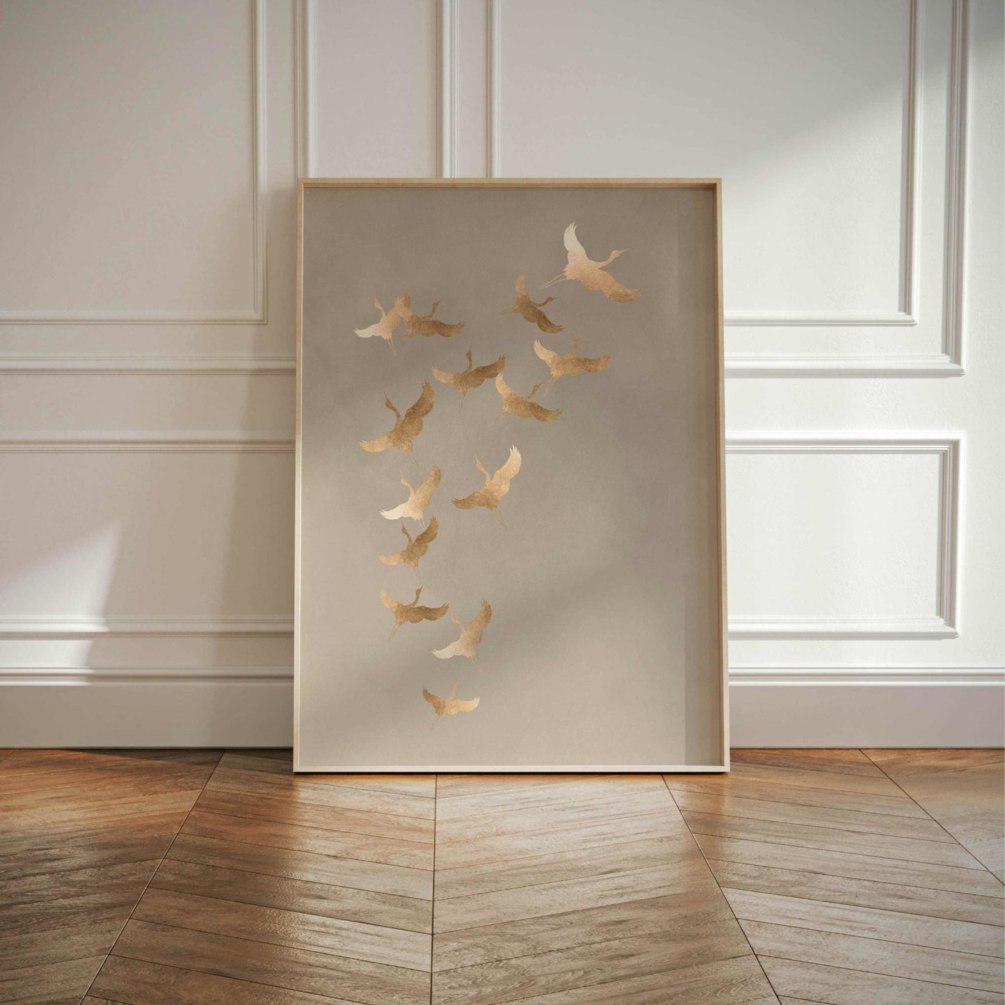 Beige and gold Cranes Japanese Wall Art Print