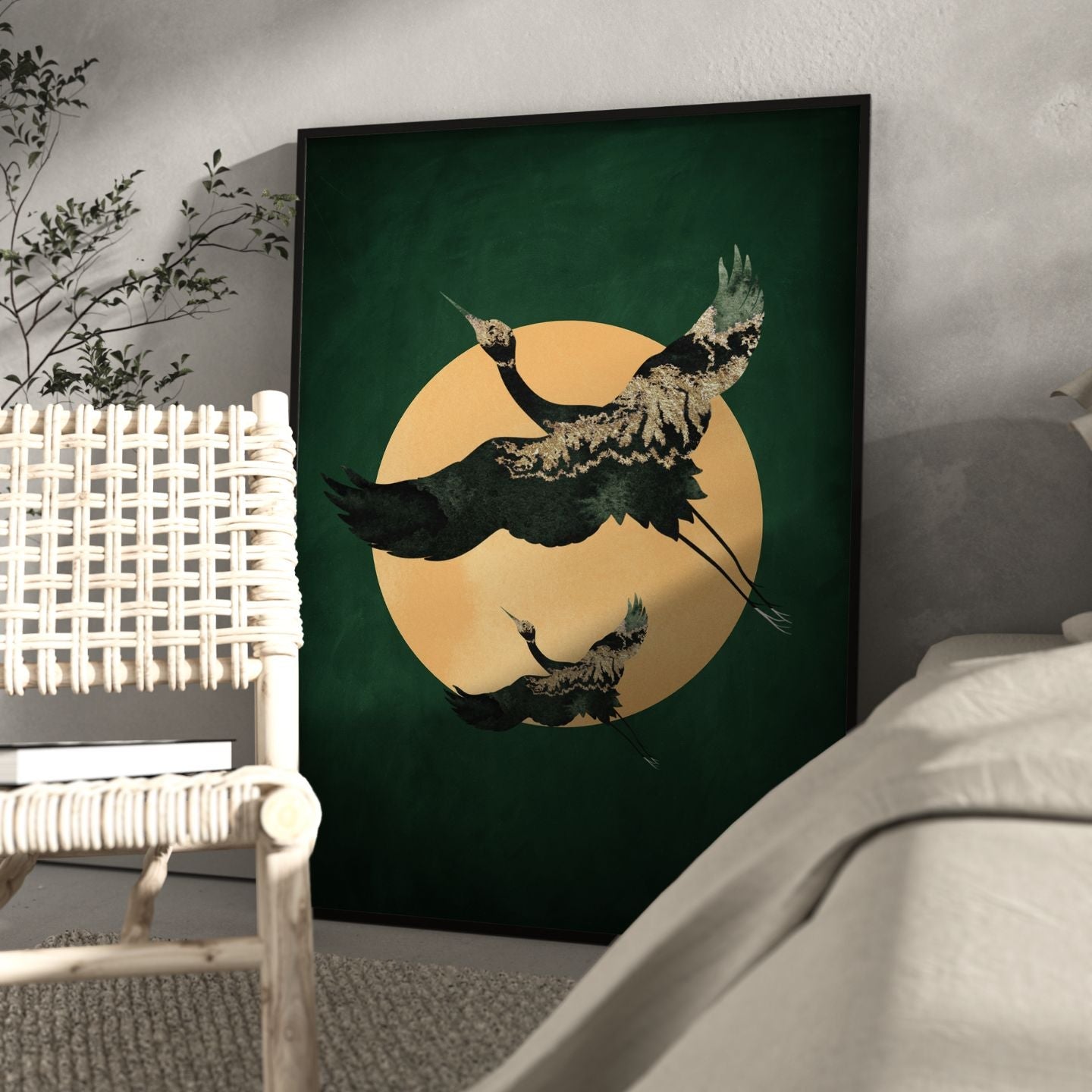 Cranes & Sun - Emerald - AureousHome