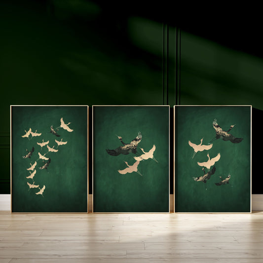 Green And Gold Cranes Wall Art Prints - Set Of 3