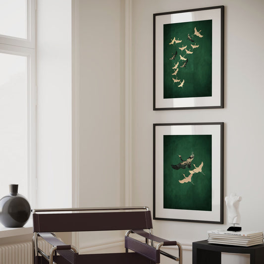 Cranes Trio - Emerald - AureousHome