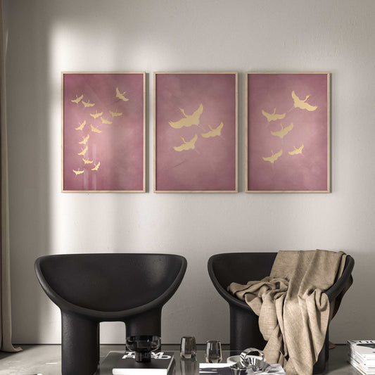 Cranes Trio - Pink / Gold - AureousHome