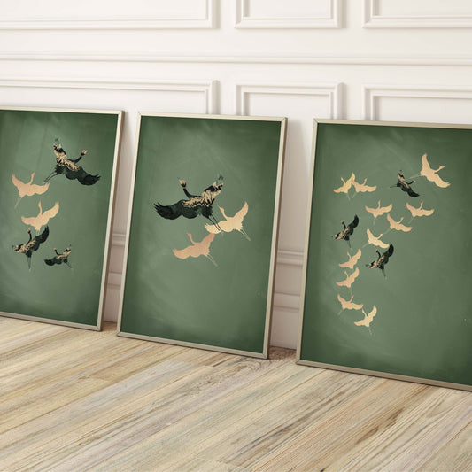 Sage Cranes Wall Art Prints - Set Of 3