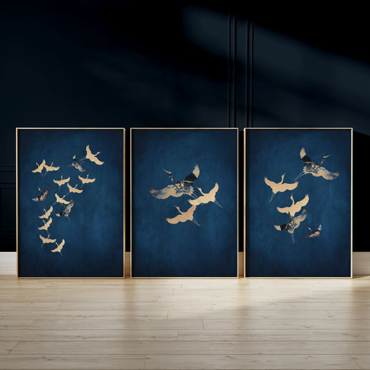 Sapphire Cranes Wall Art Prints - Set Of 3