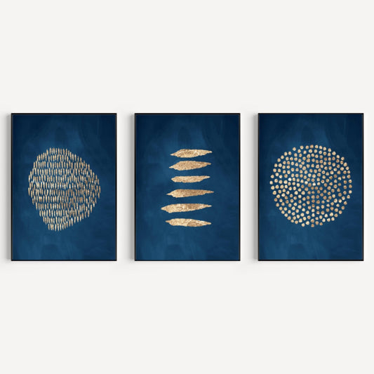 Sapphire And Gold Dots Wall Art Prints - Set Of 3