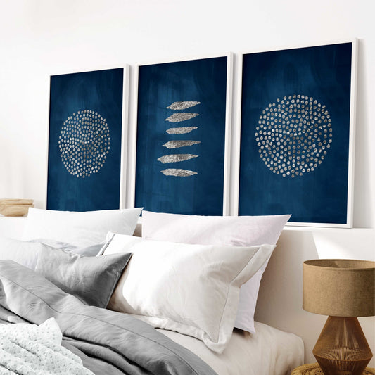 Blue and silver dots and lines wall art