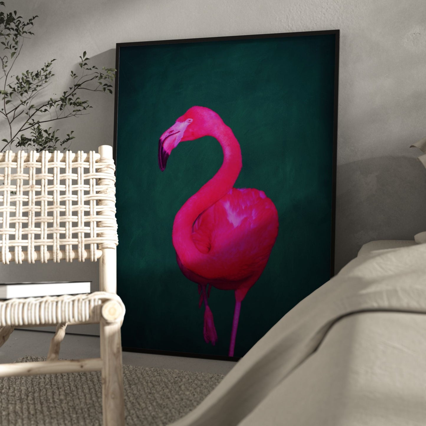 green and pink flamingo wall art print