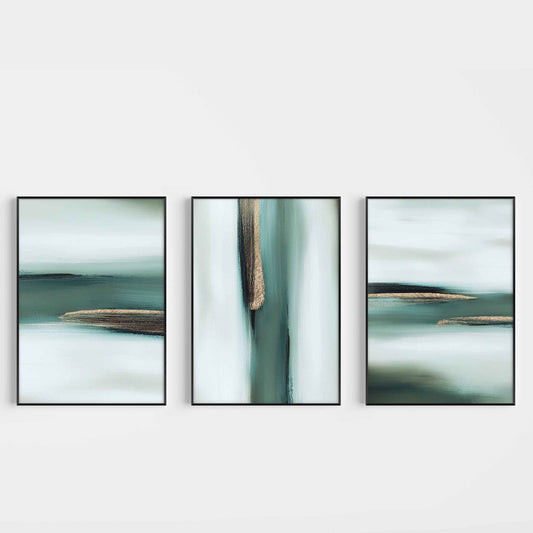 Gold, Green And White Abstract Wall Art Prints - Set Of 3