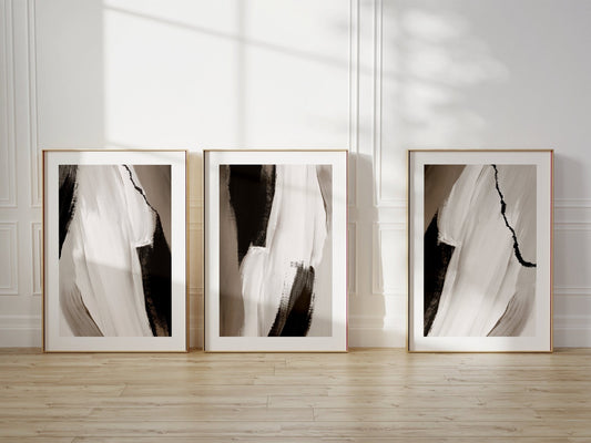 Black And Dark Beige Brush Stroke Wall Art Prints - Set Of 3