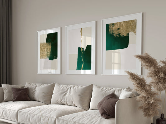 Emerald Green And Gold Abstract Wall Art Prints - Set Of 3