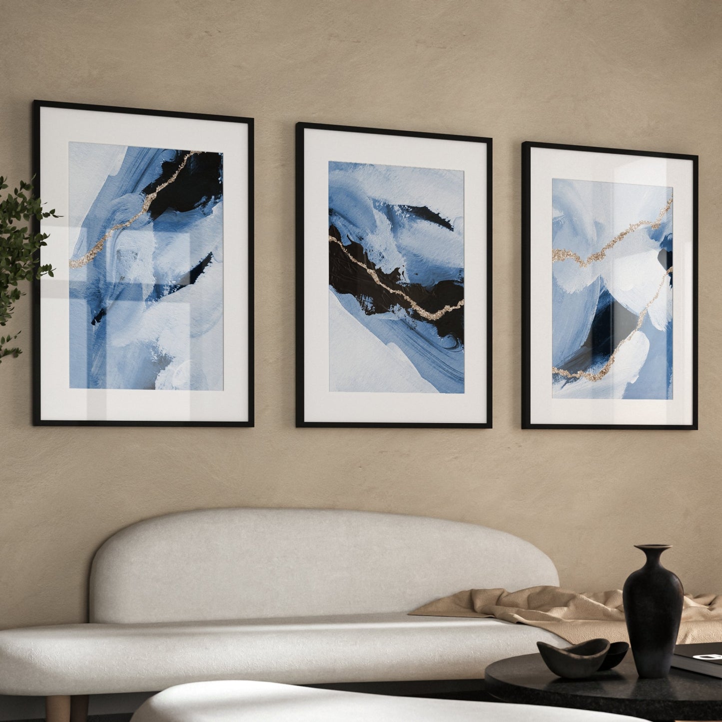 Blue And Gold Kaze Wall Art Prints - Set Of 3