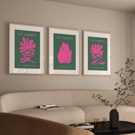 Set of 3 botanical wall art in hot pink and green