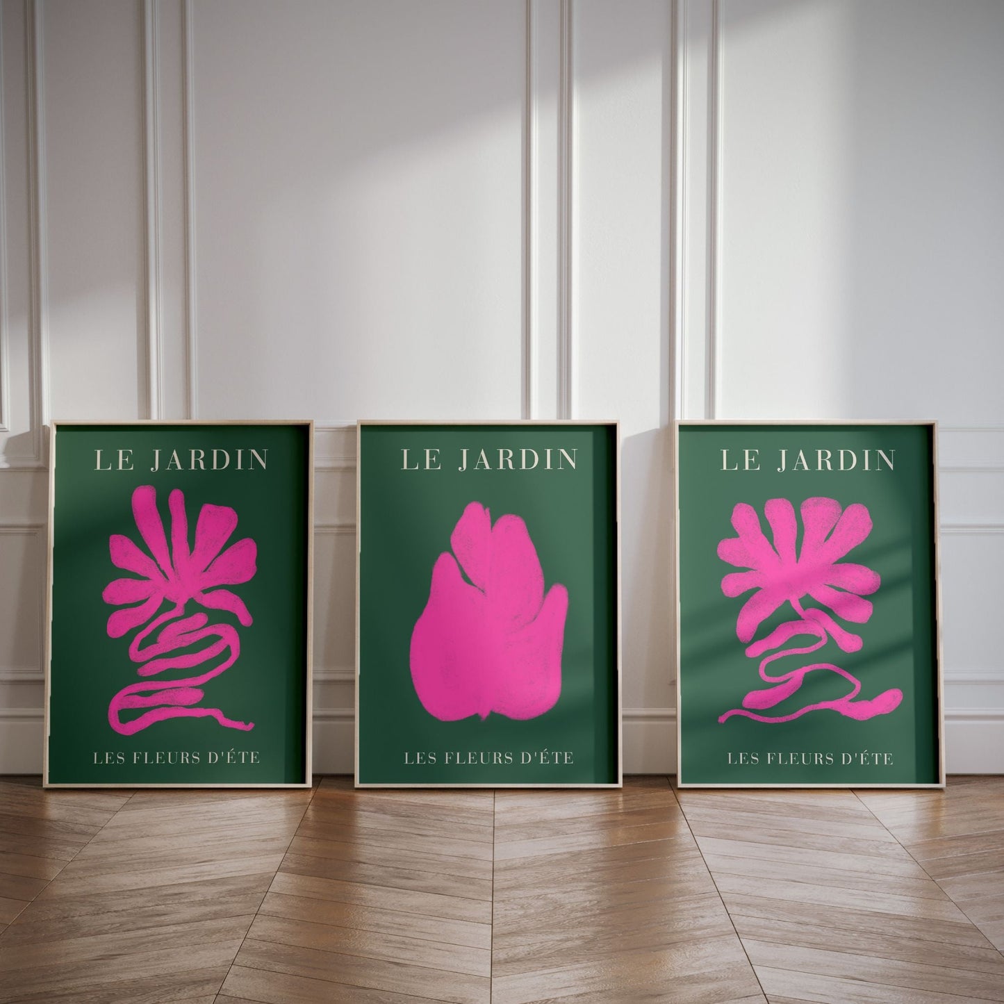 Set of 3 colourful wall art in hot pink and green