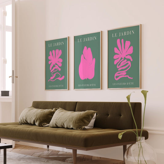 Les Fleurs Trio Flower Wall Art in bright pink and green