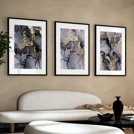 Grey And Gold Marble Abstract Wall Art Prints - Set Of 3