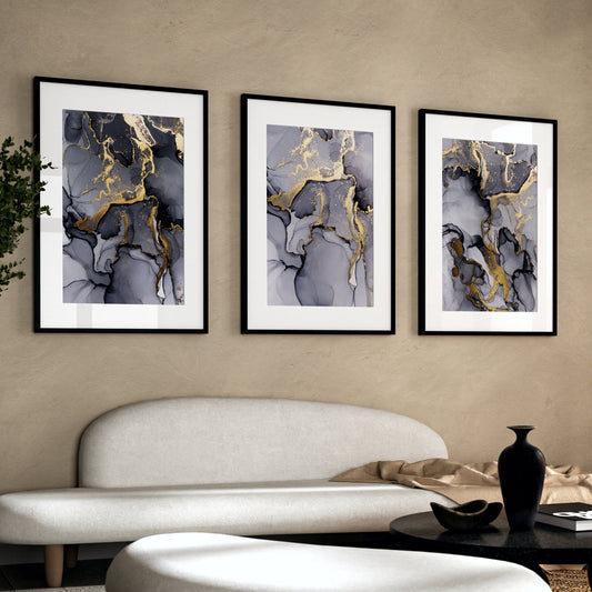 Grey And Gold Marble Abstract Wall Art Prints - Set Of 3