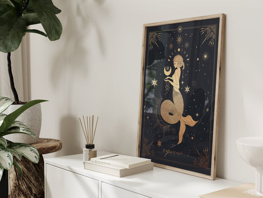 Black And Gold Capricorn Zodiac Wall Art Print