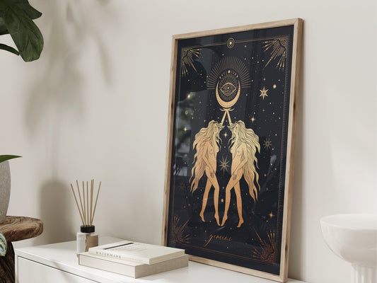 Black And Gold Gemini Zodiac Wall Art Print