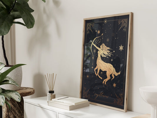 Black And Gold Sagittarius Zodiac Wall Art Print
