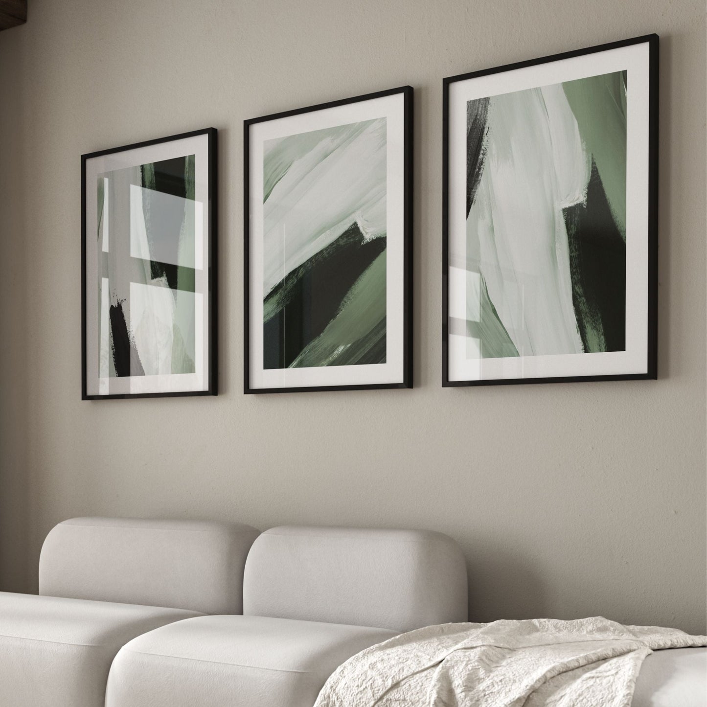 Olive Brush Strokes Abstract Wall Art Prints - Set Of 3