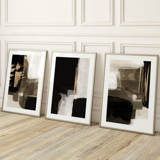 Black And Gold And Khaki Abstract Wall Art Prints - Set Of 3