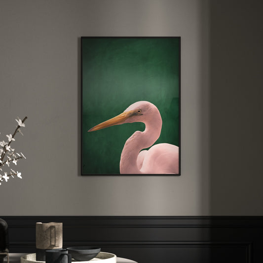 Pink Crane Emerald Green Wall Art Print