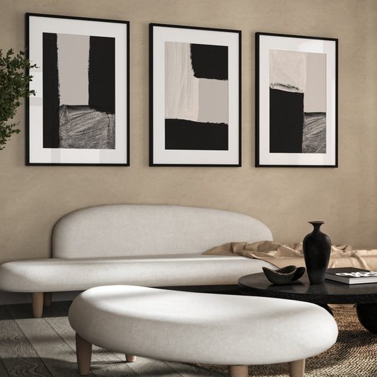 Greige And Black Tones Abstract Wall Art Prints - Set Of 3 