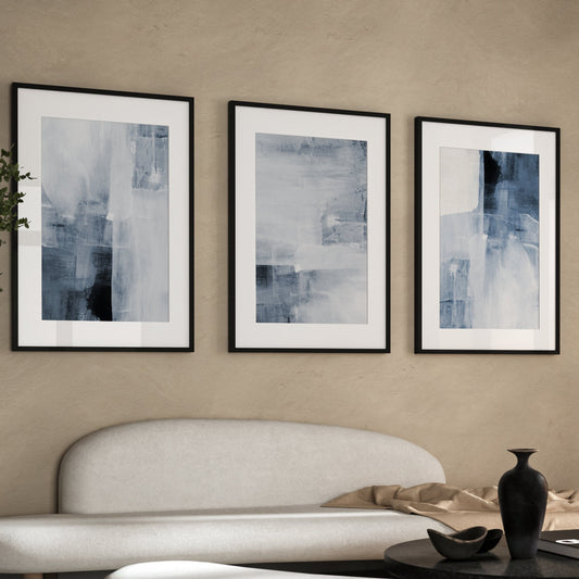 Blue Paint Strokes Abstract Wall Art Prints - Set Of 3