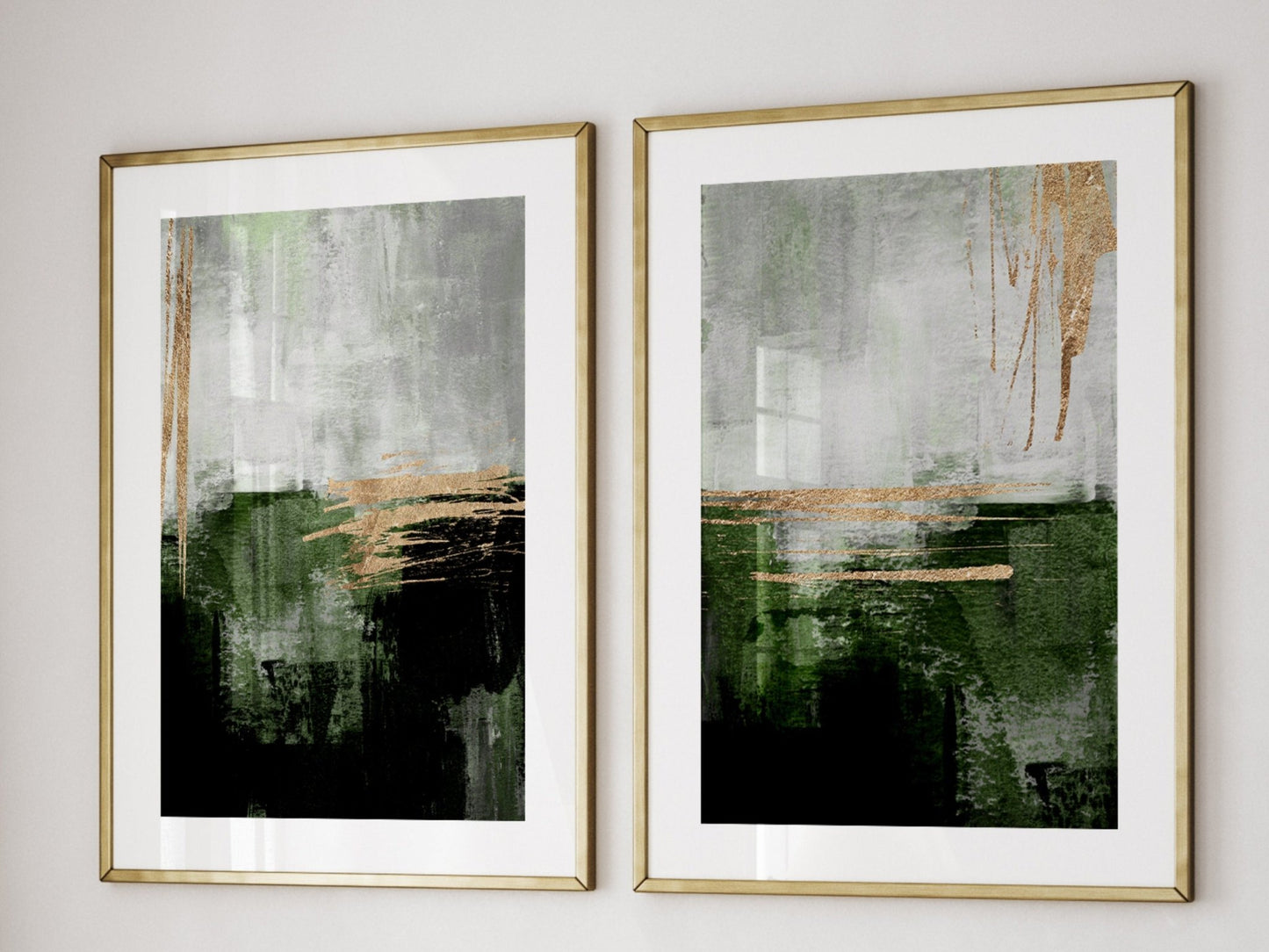 Dark Green And Gold Abstract Wall Art Prints - Set Of 3