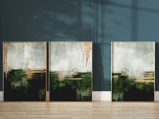 Emerald Green And Grey Abstract Wall Art Prints - Set of 3