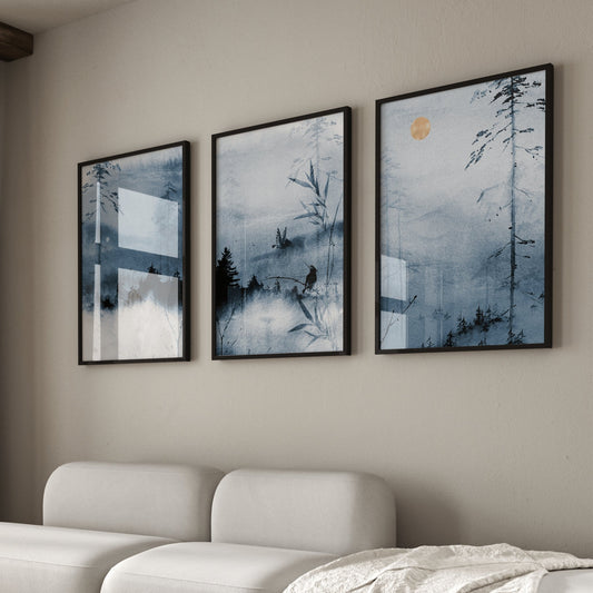 Blue Komorebi Japanese Wall Art Prints - Set Of 3