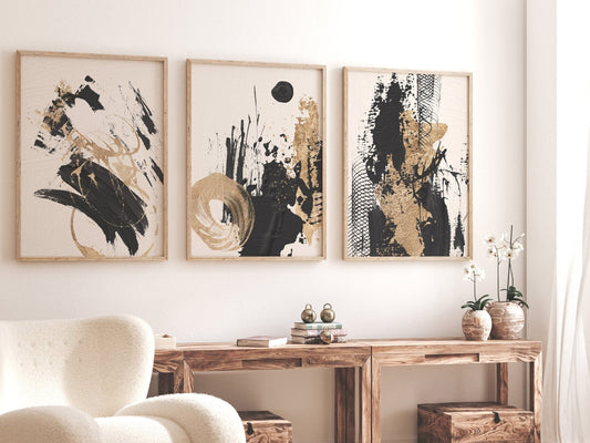 Black Gold And Beige Abstract Swirl Wall Art Prints - Set Of 3