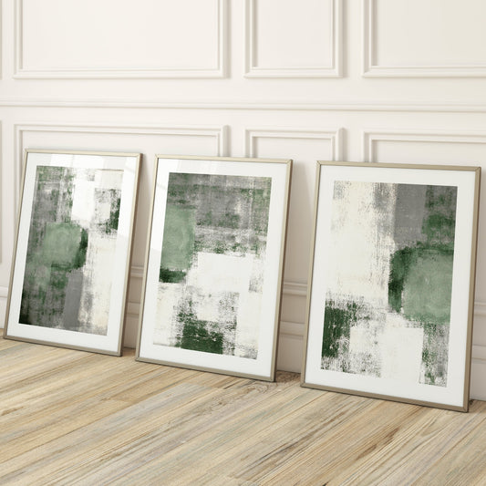 Sage Grey And White Abstract Wall Art Prints - Set Of 3