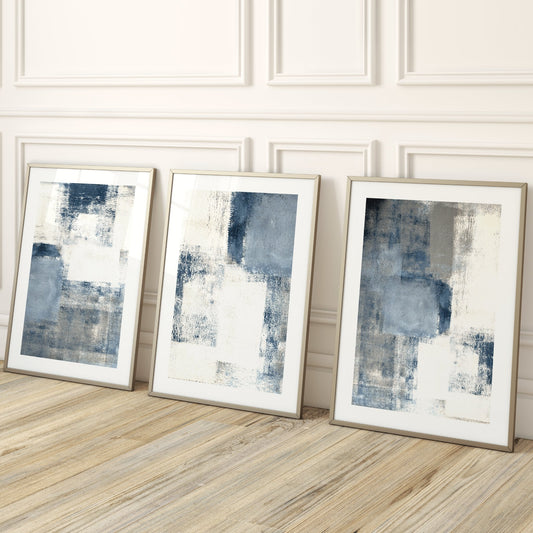 Steel Blue Abstract Wall Art Prints - Set Of 3