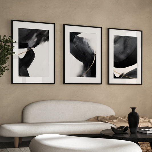 Black And White Brush Strokes Abstract Wall Art Prints - Set Of 3