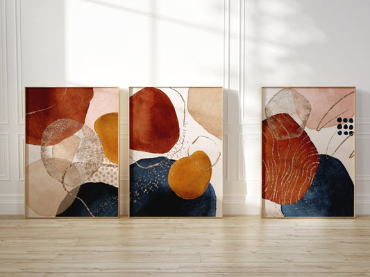 Teracotta And Navy Abstract Wall Art Prints - Set Of 3