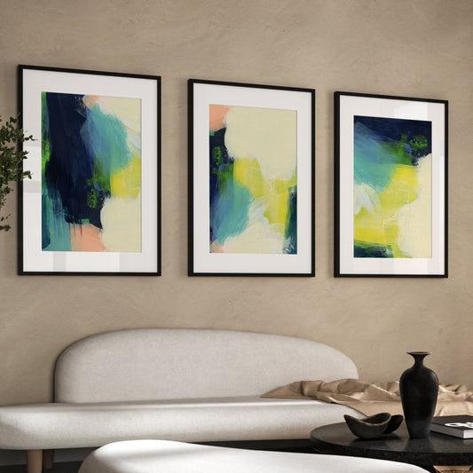 Bright Yellow Blue And Pink Abstract Wall Art Prints - Set Of 3