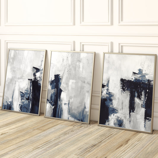 Blue And Grey Storm Abstract Wall Art Prints - Set Of 3