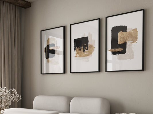 Black And Gold Abstract Trio Wall Art Prints - Set Of 3