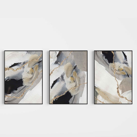 Gold And Beige Abstract Wall Art Prints - Set Of 3